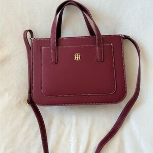 Women's Pebbled Leather Burgundy Satchel with Gold Tone Logo